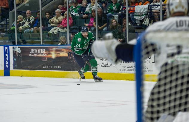 The Florida Everblades eye the Jacksonville Icemen net and Goaltender Austin Lotz