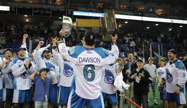 Dan Dawson celebrating the 2013 Championship with the Rochester Knighthawks and fans