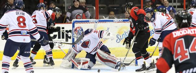 South Carolina Stingrays Goaltender Parker Milner tries to keep the Cincinnati Cyclones at bay