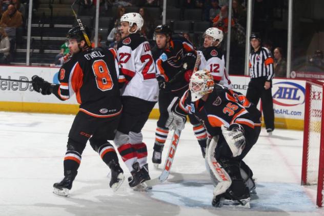 The Lehigh Valley Phantoms defense puts the clamps on the Binghamton Devils