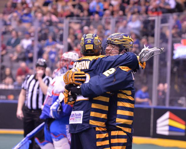 The Georgia Swarm's Shayne Jackson and Miles Thompson Celebrate against the Toronto Rock