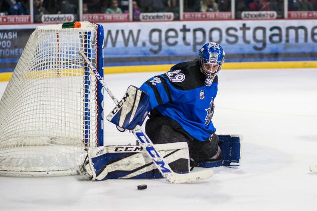 Lincoln Stars Goaltender Tomas Vomacka turns aside a shot in USHL action