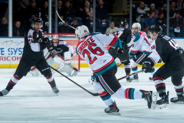 Liam Kindree of the Kelowna Rockets shoots against the Vancouver Giants