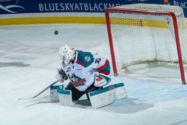 Kelowna Rockets Goaltender Brodan Salmond deflects a Kamloops Blazers shot