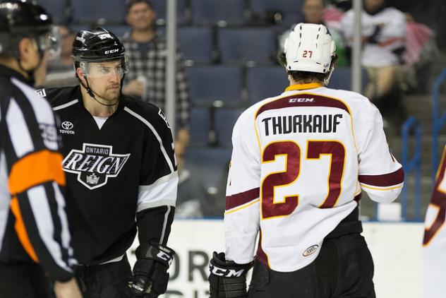 Calvin Thurkauf of the Cleveland Monsters stares down the Ontario Reign