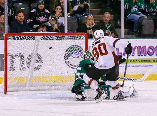 Nathan Gerbe of the Cleveland Monsters scores against the Texas Stars