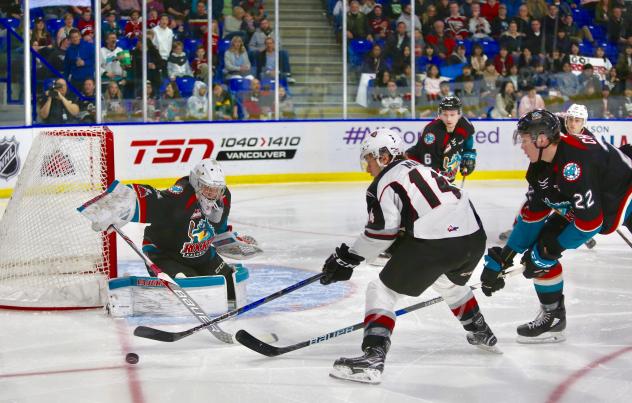 Kelowna Rockets Goaltender Brodan Salmond turns away the Vancouver Giants