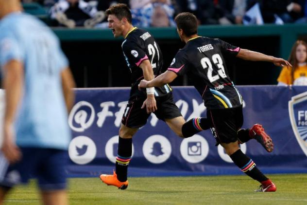 Matt Thomas of Las Vegas Lights FC celebrates scoring the club's first ever goal