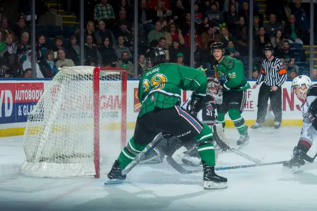 Dillon Dube of the Kelowna Rockets scores against the Vancouver Giants