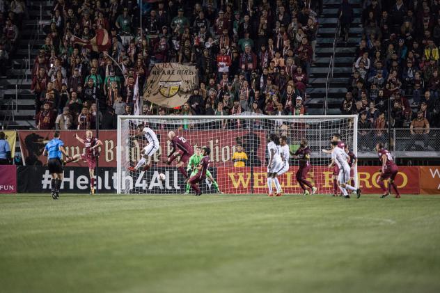 Sacramento Republic FC and San Antonio FC battle in front of the goal