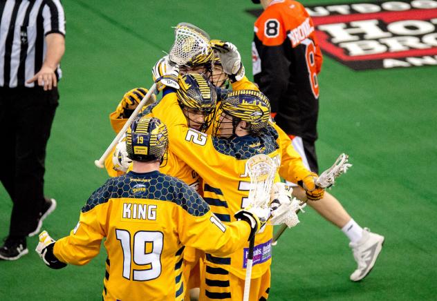 Georgia Swarm celebrate a goal vs. the Buffalo Bandits