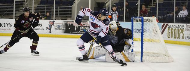 South Carolina Stingrays Forward Jake Kamrass controls the puck in front of the Atlanta Gladiators net