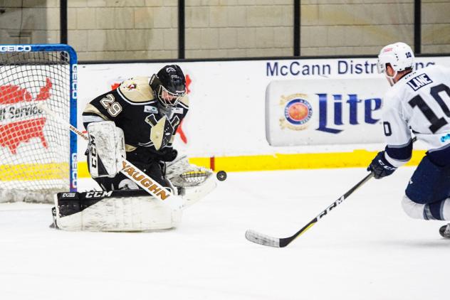 Wheeling Nailers Goaltender Adam Morrison stops the Worcester Railers' Matt Lane