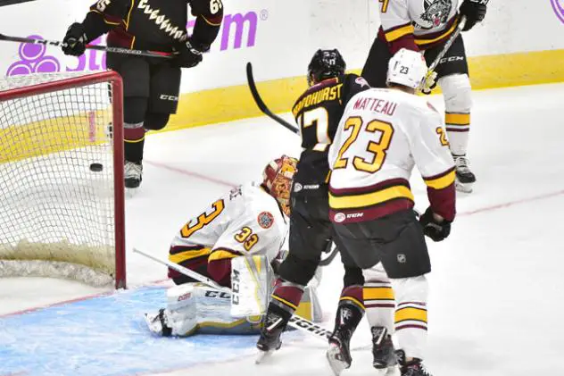 Terry Broadhurst of the Cleveland Monsters scores against the Chicago Wolves