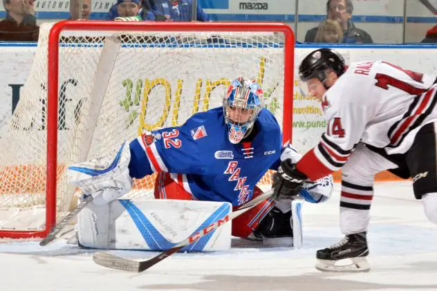 Kitchener Rangers Goaltender Mario Culina stops the Guelph Storm