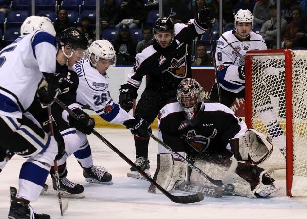 Vancouver Giants Goaltender Trent Miner makes a stop against the Victoria Royals