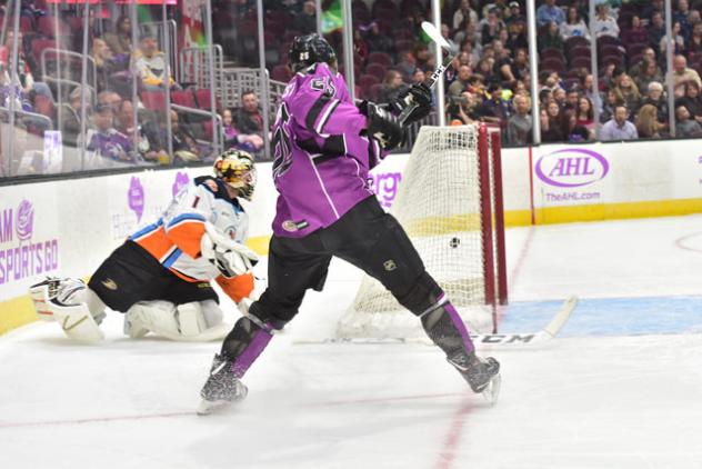 Cleveland Monsters Center Alex Broadhurst scores against the San Diego Gulls