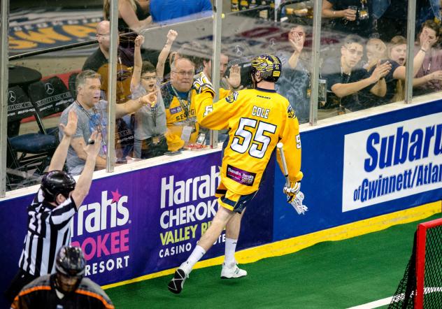 Bryan Cole of the Georgia Swarm celebrates a goal with the fans