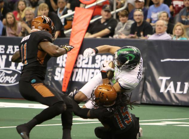 Arizona Rattlers' Dillion Winfrey makes a tackle vs. the Nebraska Danger