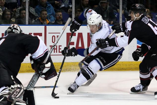 Vancouver Giants defenders contest the Victoria Royals