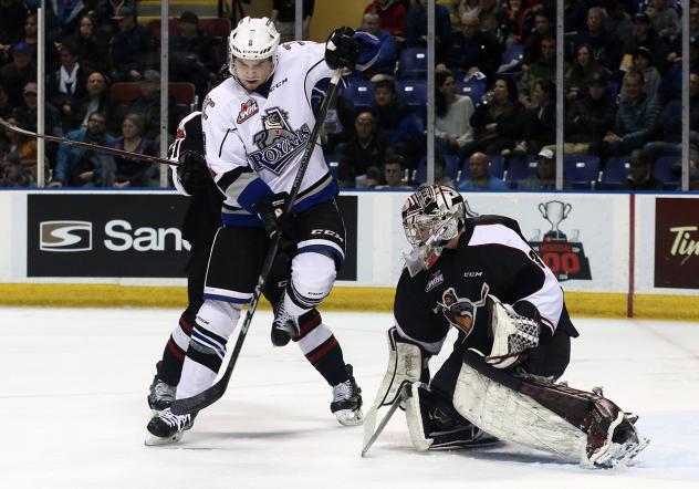 Vancouver Giants Goaltender Trent Miner readies for a Victoria Royals' shot