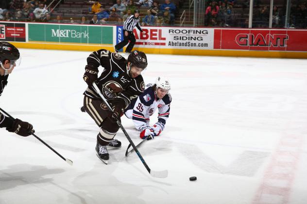 Hershey Bears Left Wing Joe Whitney controls the puck vs. the Rochester Americans