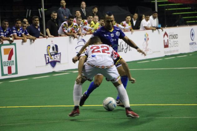 Baltimore Blast Midfielder Juan Pereira faces off against the Monterrey Flash