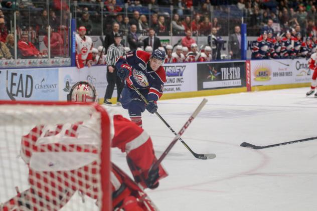 Saginaw Spirit Left Wing Nicholas Porco takes a shot against the Sault Ste. Marie Greyhounds