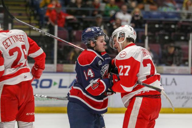 Saginaw Spirit Right Wing DJ Busdeker vs. Sault Ste. Marie Greyhounds Center Barrett Hayton
