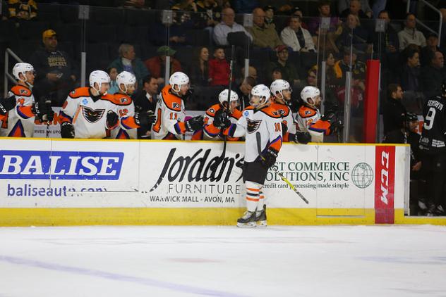 Lehigh Valley Phantoms Forward Greg Carey with the Phantoms bench