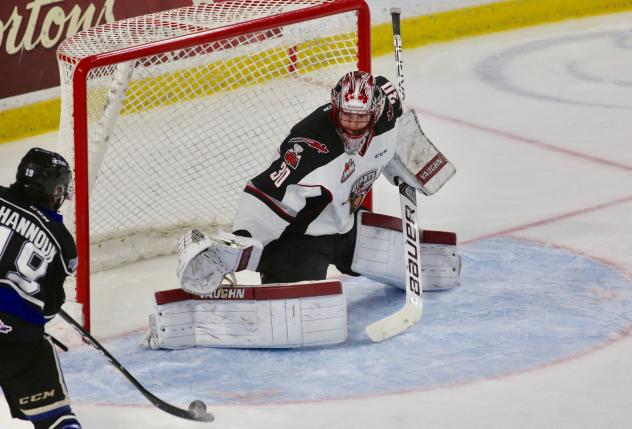 Vancouver Giants Goaltender David Tendeck eyes a Victoria Royals shooter