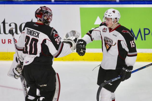 Vancouver Giants Goaltender David Tendeck and Left Wing Owen Hardy