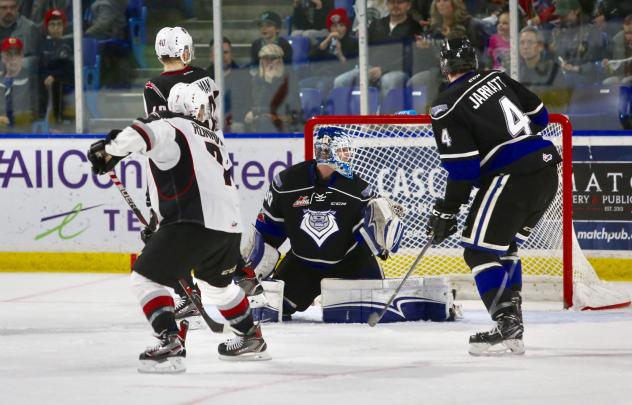 Milos Roman of the Vancouver Giants scores against the Victoria Royals