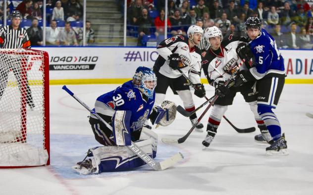 Vancouver Giants press Victoria Royals Goaltender Griffen Outhouse
