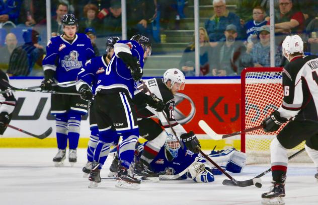 Vancouver Giants' Dawson Holt reaches for a puck near the Victoria Royals' goal