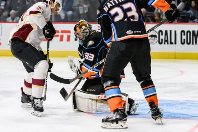 Cleveland Monsters Goaltender Jeff Zatkoff stops a San Diego Gulls' charge
