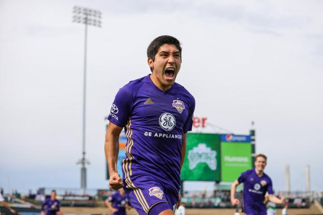 Oscar Jimenez of Louisville City FC celebrates his goal vs. the Tampa Bay Rowdies