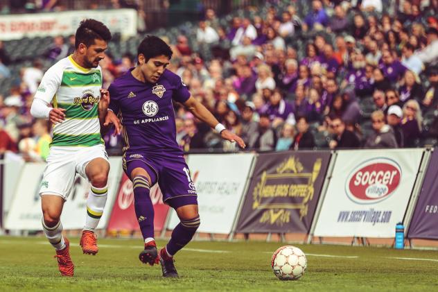 Oscar Jimenez of Louisville City FC fights for possession vs. the Tampa Bay Rowdies