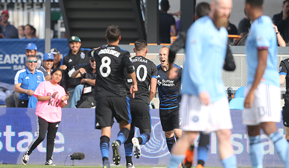 Magnus Eriksson and Yeferson Quintana of the San Jose Earthquakes celebrate Quintana's first MLS goal