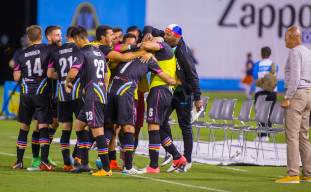 Las Vegas Lights FC celebrates a Carlos Alvarez goal vs. the Swope Park Rangers