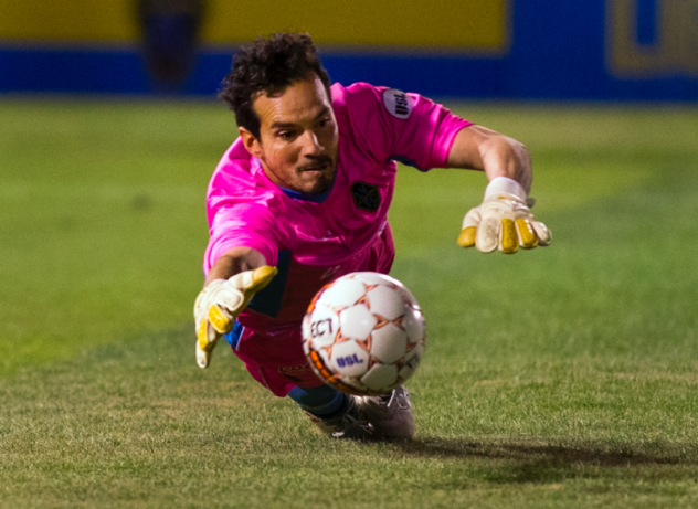 Las Vegas Lights FC Goalkeeper Ricardo Ferrino makes a diving save vs. the Swope Park Rangers