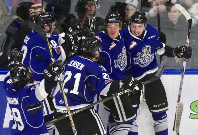 Victoria Royals celebrate their overtime win vs. the Vancouver Giants