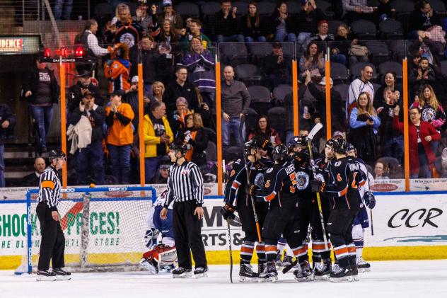 Kansas City Mavericks celebrate a goal vs. the Tulsa Oilers