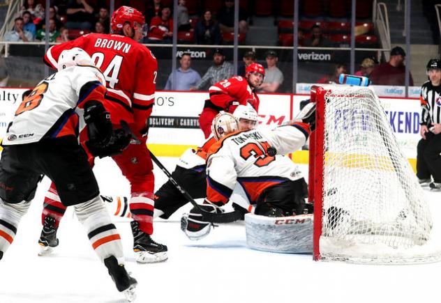 Lehigh Valley Phantoms Goaltender Dustin Tokarski fends off the Charlotte Checkers