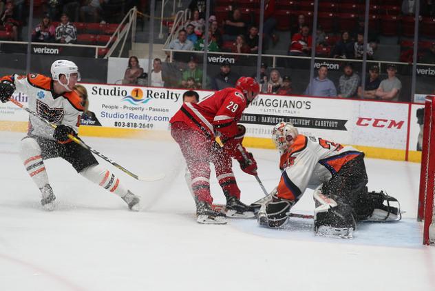 Lehigh Valley Phantoms Goaltender Dustin Tokarski stops a Charlotte Checkers' scoring attempt