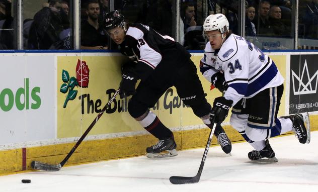 Vancouver Giants Center Tyler Popowich races for a puck along the boards vs. the Victoria Royals