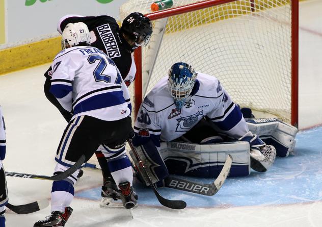 Vancouver Giants Defenceman Matt Barberis eyes the Victoria Royals' goal