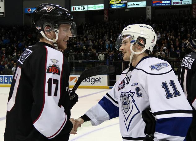 Vancouver Giants Left Wing Tyler Benson offers congratulations to the Victoria Royals