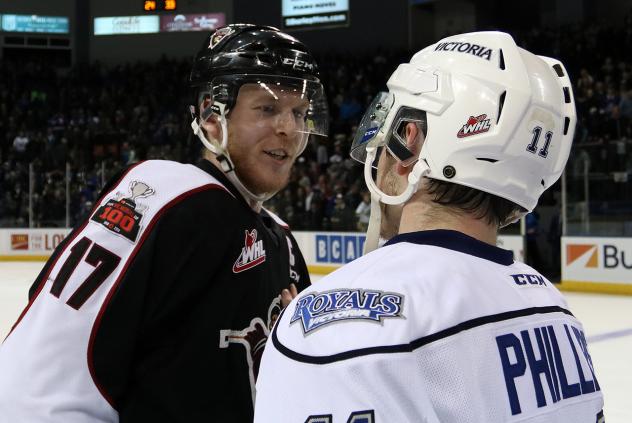 Vancouver Giants Left Wing Tyler Benson offers congratulations to the Victoria Royals