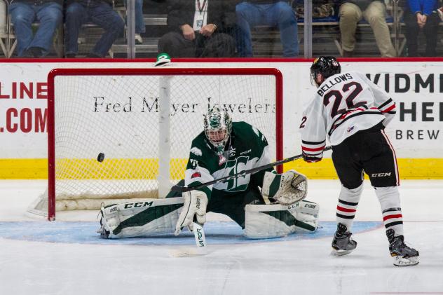 Kieffer Bellows of the Portland Winterhawks scores against the Everett Silvertips